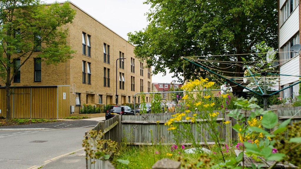 A garden featuring yellow wild flowers outside the front of an apartment building