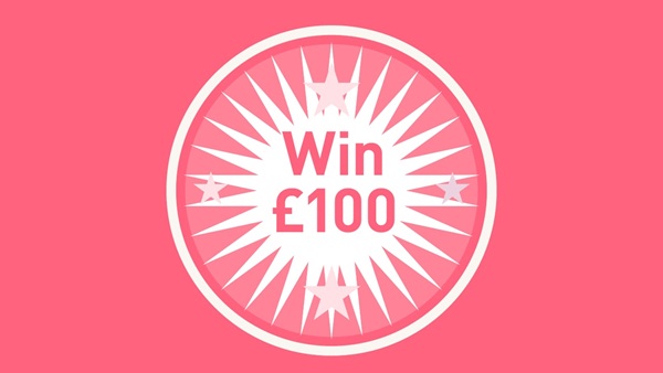 A pink and white circle featuring stars and the text: 'Win £100'