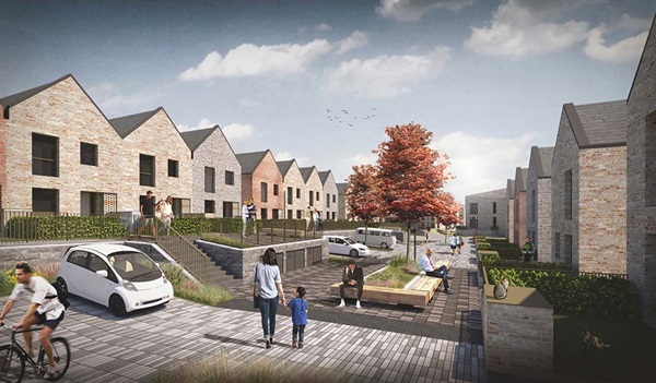 CGI render of the Barne Barton development from Wilkinson Road, showing houses and paved driveways