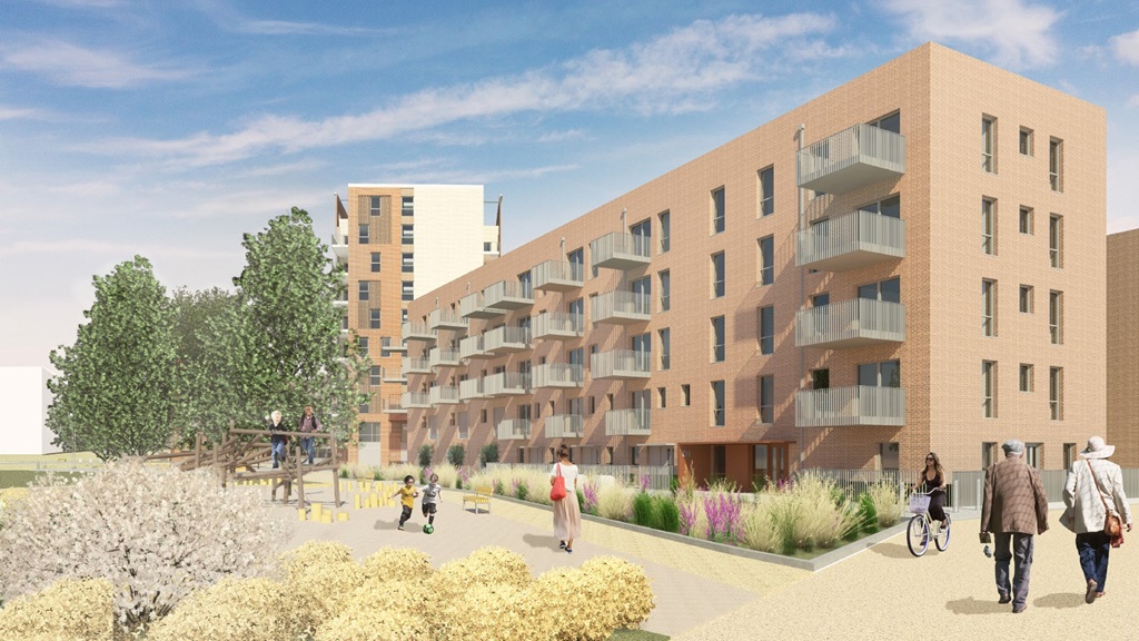CGI render of the exterior of a block of flats at Eastfield Square, Mitcham.