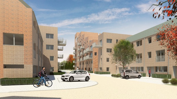 CGI render of exterior of a blocks of flats, with brick paved road and parking. Located at Eastfield Square, Mitcham.
