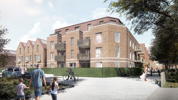 CGI render of a brick corner building with balconies, surrounded by hedges. Located at Ravensbury, Mitcham.